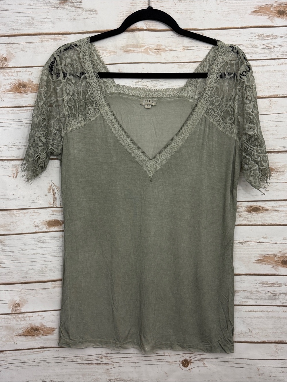 POL Acid Wash Lace Short Sleeve Blouse  Medium